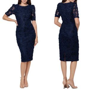 NWT Xscape Evenings Raised Flower 3D Applique Sheath Lace Midi Dress in Navy 6